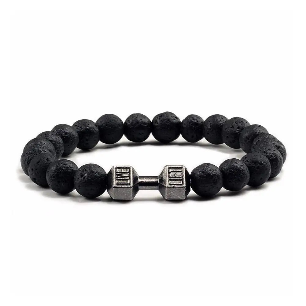 Natural Black Volcanic Lava Stone Dumbbell Bracelet Black Matte Beads Bracelets Fitness Barbell Jewelry