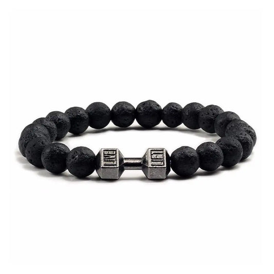 Natural Black Volcanic Lava Stone Dumbbell Bracelet Black Matte Beads Bracelets Fitness Barbell Jewelry