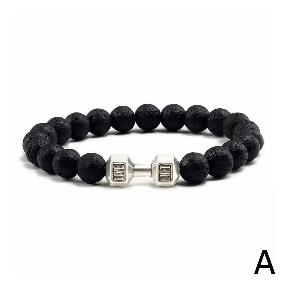 Natural Black Volcanic Lava Stone Dumbbell Bracelet Black Matte Beads Bracelets Fitness Barbell Jewelry